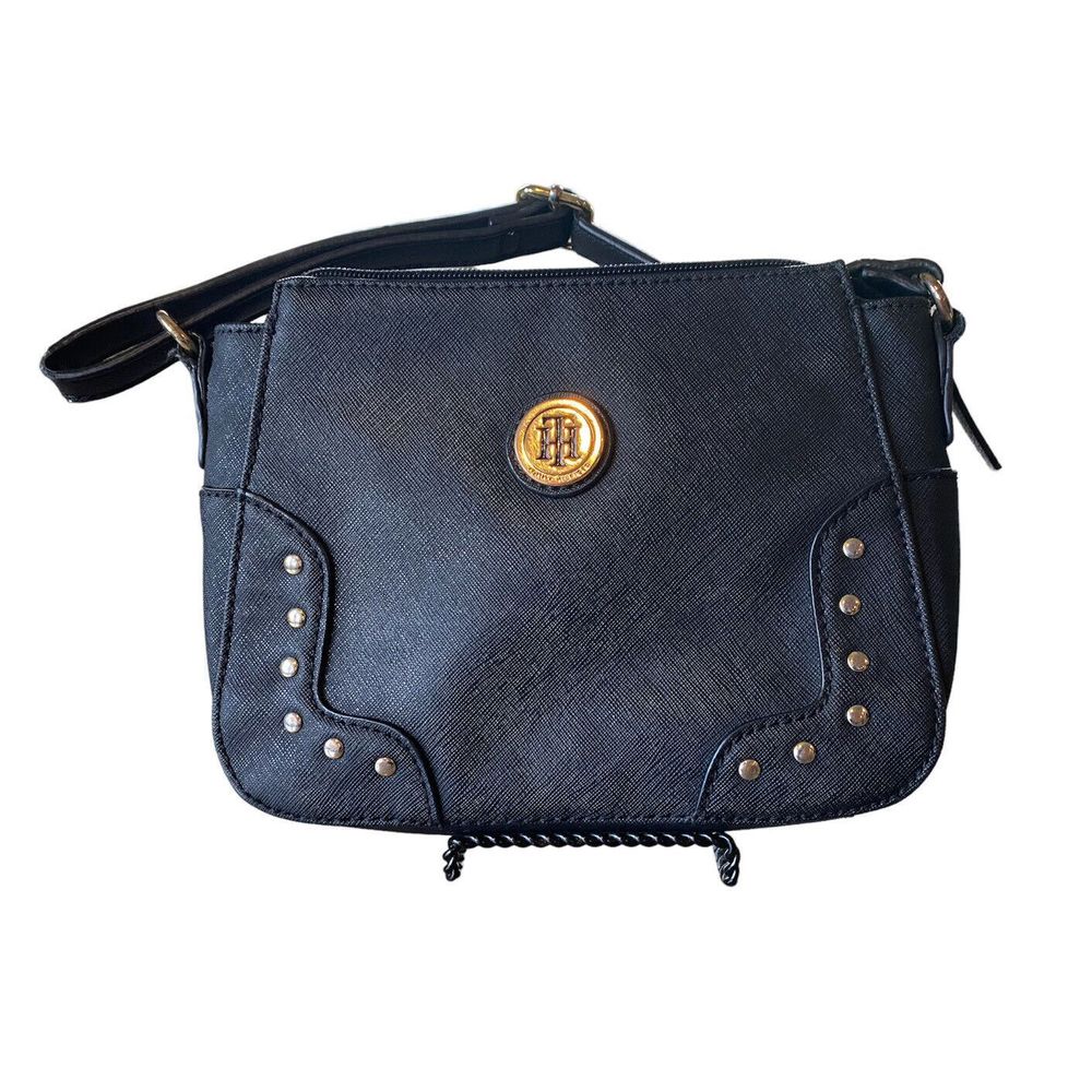 Tommy Hilfiger Small Purse Crossbody Bag Black Gold Stud detail & TH Logo 9"x 6"